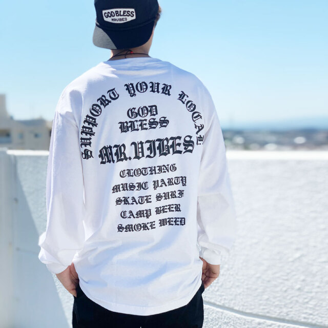 MRV by Mr.vibes ロンT Tシャツ GOD BLESS L/S Tee 長袖 オリジナル バックプリント ホワイト/ブラック 白 WHITE