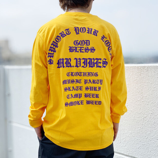 MRV by Mr.vibes ロンT Tシャツ GOD BLESS L/S Tee 長袖 オリジナル バックプリント  イエロー/パープル 黄色 YELLOW
