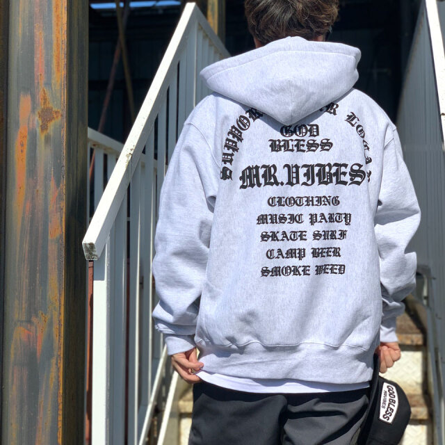 MRV by Mr.vibes ジップパーカー フーディー GOD BLESS ZIP HOODIE ヘビーウェイト バックプリント スウェット オリジナル アッシュグレー ASH GREY 灰色