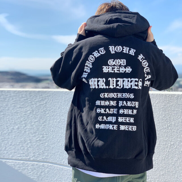 MRV by Mr.vibes ジップパーカー フーディー GOD BLESS ZIP HOODIE ヘビーウェイト バックプリント スウェット オリジナル ブラック 黒 BLACK