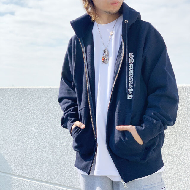 MRV by Mr.vibes ジップパーカー フーディー GOD BLESS ZIP HOODIE ヘビーウェイト バックプリント スウェット オリジナル ネイビー 紺 NAVY