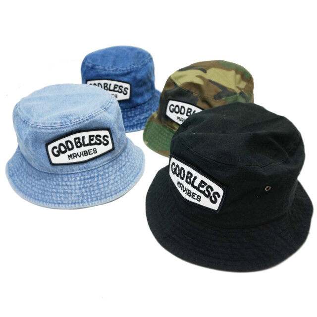 全4色 MRV by Mr.vibes バケットハット GOD BLESS BUCKET HAT ハット 帽子 オリジナル ブラック 黒 デニム DENIM ウッドランドカモ 迷彩