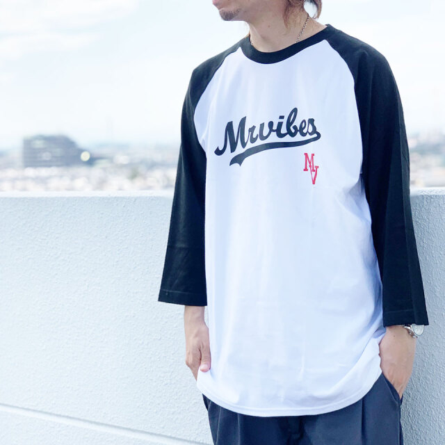 MRV by Mr.vibes Tシャツ SCRIPT RAGLAN Tee ラグラン ベースボールTシャツ 7分袖 オリジナル ホワイト/ブラック WHITE 白