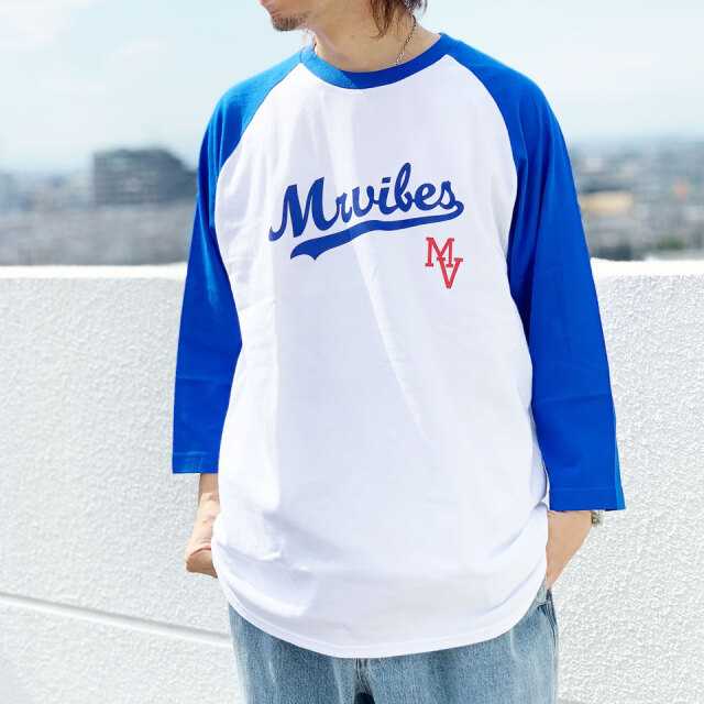 MRV by Mr.vibes Tシャツ SCRIPT RAGLAN Tee ラグラン ベースボールTシャツ 7分袖 オリジナル ホワイト/ロイヤル WHITE 白