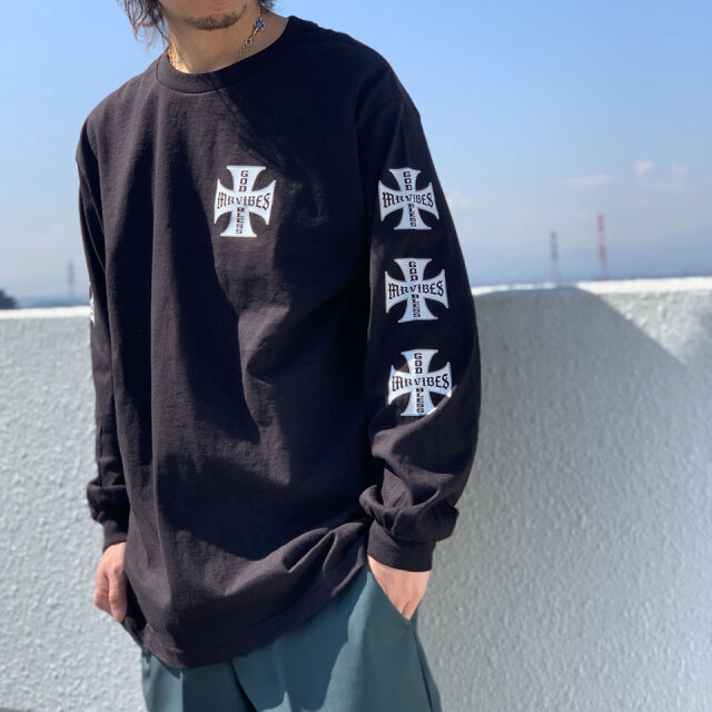 MRV by Mr.vibes ロンT Tシャツ IRON CROSS L/S Tee 長袖 オリジナル バックプリント 袖プリント ブラック BLACK 黒