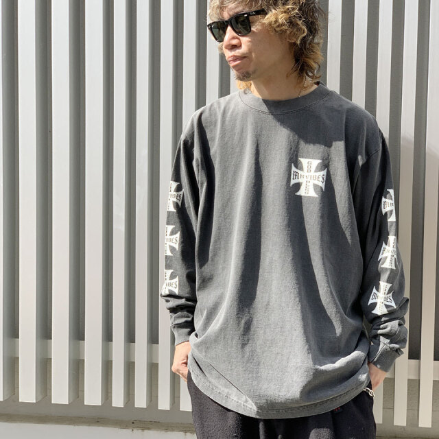MRV by Mr.vibes ロンT Tシャツ IRON CROSS WASHED L/S Tee 2024 長袖 オリジナル バックプリント ウォッシュ加工 ビンテージ加工 ピグメント ブラック 黒 BLACK