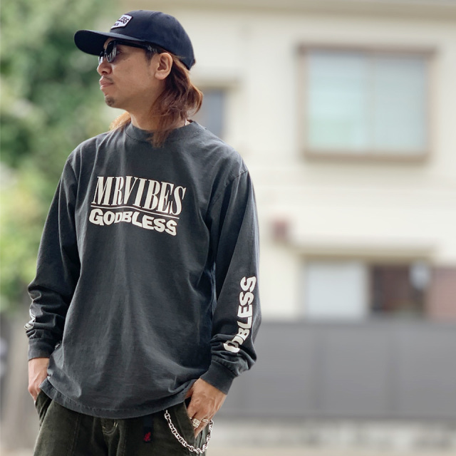 MRV by Mr.vibes ロンT Tシャツ WASHED NM GOD BLESS L/S Tee 長袖 オリジナル ピグメント ブラック 黒 BLACK