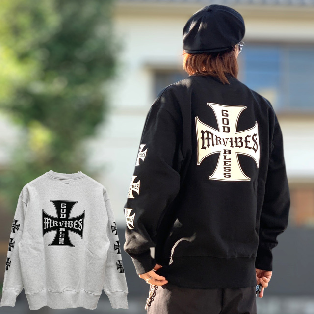 MRV by Mr.vibes 15.5oz クルースウェット IRON CROSS CREWNECK SWEAT トレーナー 裏起毛 オリジナル ミスターバイブス ブラック アッシュ 黒 グレー BLACK ASH
