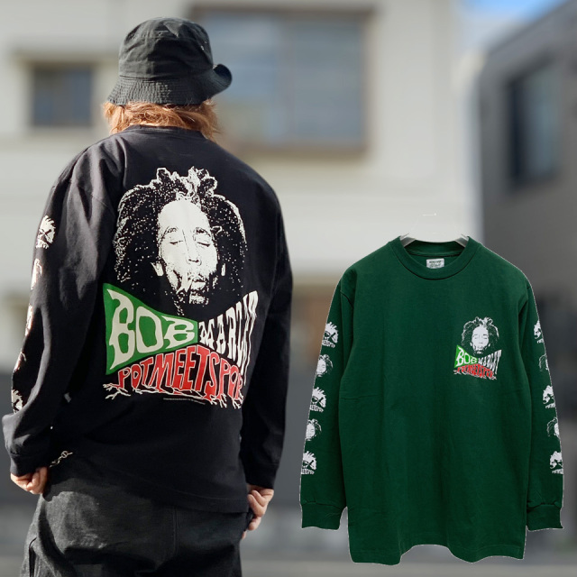 全2色 ポットミーツポップ POT MEETS POP ロンT Tシャツ Bob Marley UP RISING LS TEE ボブマーリー ブラック グリーン BLACK GREEN 黒 緑
