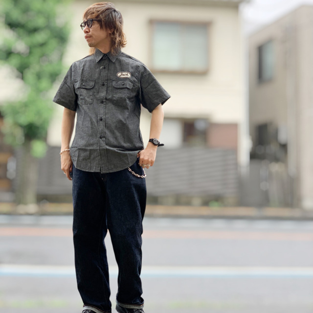SUGAR CANE / CHAMBRAY WORK SHIRT with CHAIN EMBROIDERED