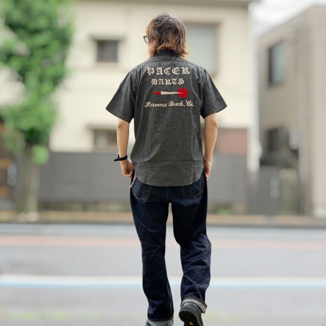 SUGAR CANE / CHAMBRAY WORK SHIRT with CHAIN EMBROIDERED