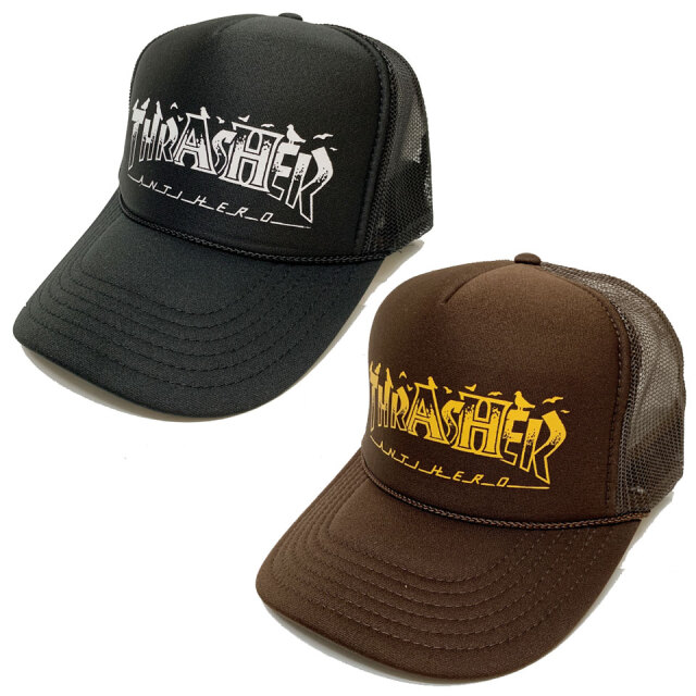 スラッシャー THRASHER メッシュキャップ ANTIHERO PIGEON MAG TRUCKER HAT 帽子 アンタイヒーロー アンチヒーロー ブラック ブラウン BLACK BROWN 黒 茶色