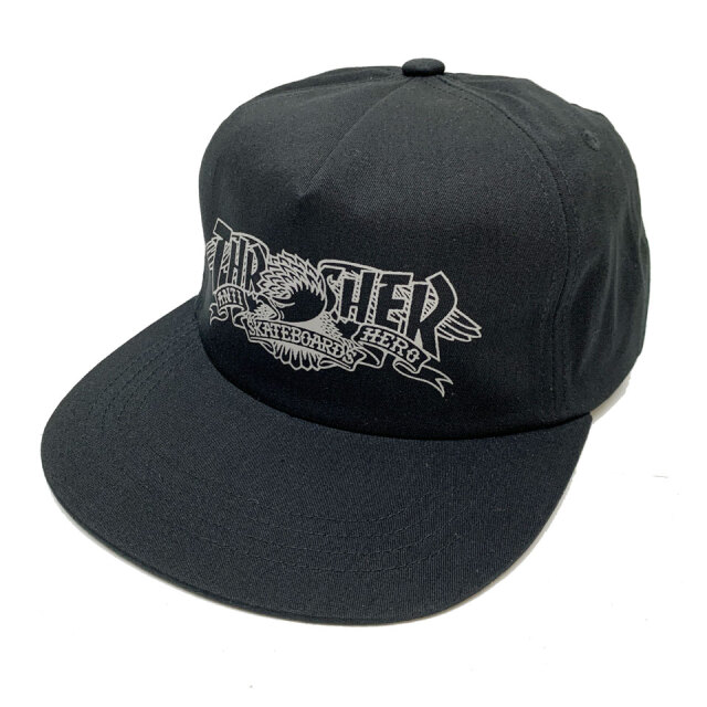 スラッシャー THRASHER スナップバック キャップ ANTIHERO MAG BANNER SNAPBACK 帽子 アンタイヒーロー アンチヒーロー ブラック 黒 BLACK
