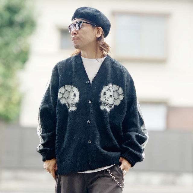 スリフティルック THRIFTY LOOK カーディガン RAGLAN SLEEVE SOUVENIR CARDIGAN - SKULL スカル 髑髏 シャギーカーディガン スカジャン ブラック BLACK 黒 TL25F02200