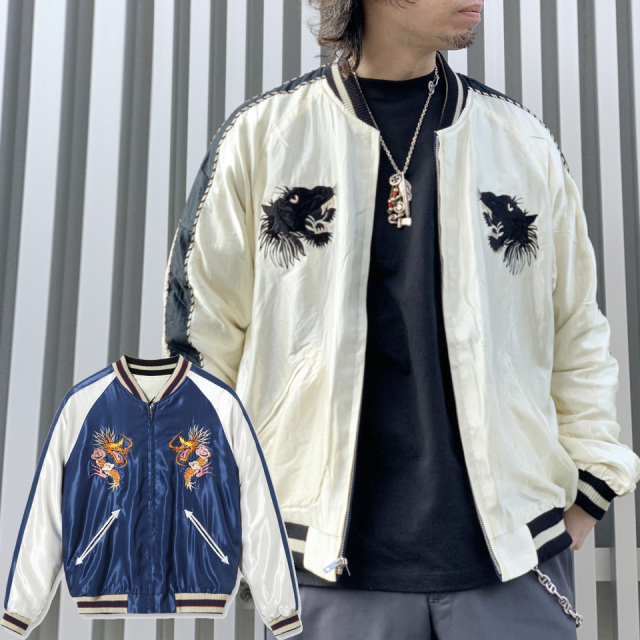 テーラー東洋 TAILOR TOYO スカジャン スーベニアジャケット Mid 1950s Style Acetate Souvenir Jacket “BLACK TIGER” × “DUELLING DRAGONS” ホワイト/ネイビー Lot No. TT15682-105