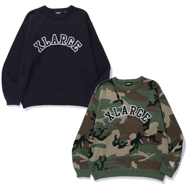 全2色 エクストララージ XLARGE ニット セーター ARCH LOGO CREWNECK KNIT ブラック 黒 BLACK カモ CAMO 迷彩 101253015002