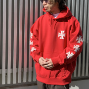 MRV by Mr.vibes パーカー フーディー IRON CROSS P/O HOODIE ヘビーウェイト バックプリント 袖プリント スウェット オリジナル レッド 赤 RED