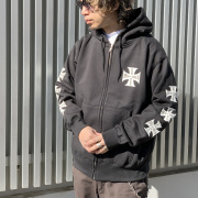 MRV by Mr.vibes ジップパーカー フーディー IRON CROSS ZIP HOODIE ヘビーウェイト バックプリント 袖プリント スウェット オリジナル ブラック 黒 BLACK