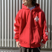 MRV by Mr.vibes ジップパーカー フーディー IRON CROSS ZIP HOODIE ヘビーウェイト バックプリント 袖プリント スウェット オリジナル レッド 赤 RED