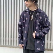 タウンクラフト TOWNCRAFT レーヨンシャツ ATOMIC PRINTED LOOP COLLAR SHIRTS アトミック柄 幾何学 ブラック/ピンク BLACK 黒
