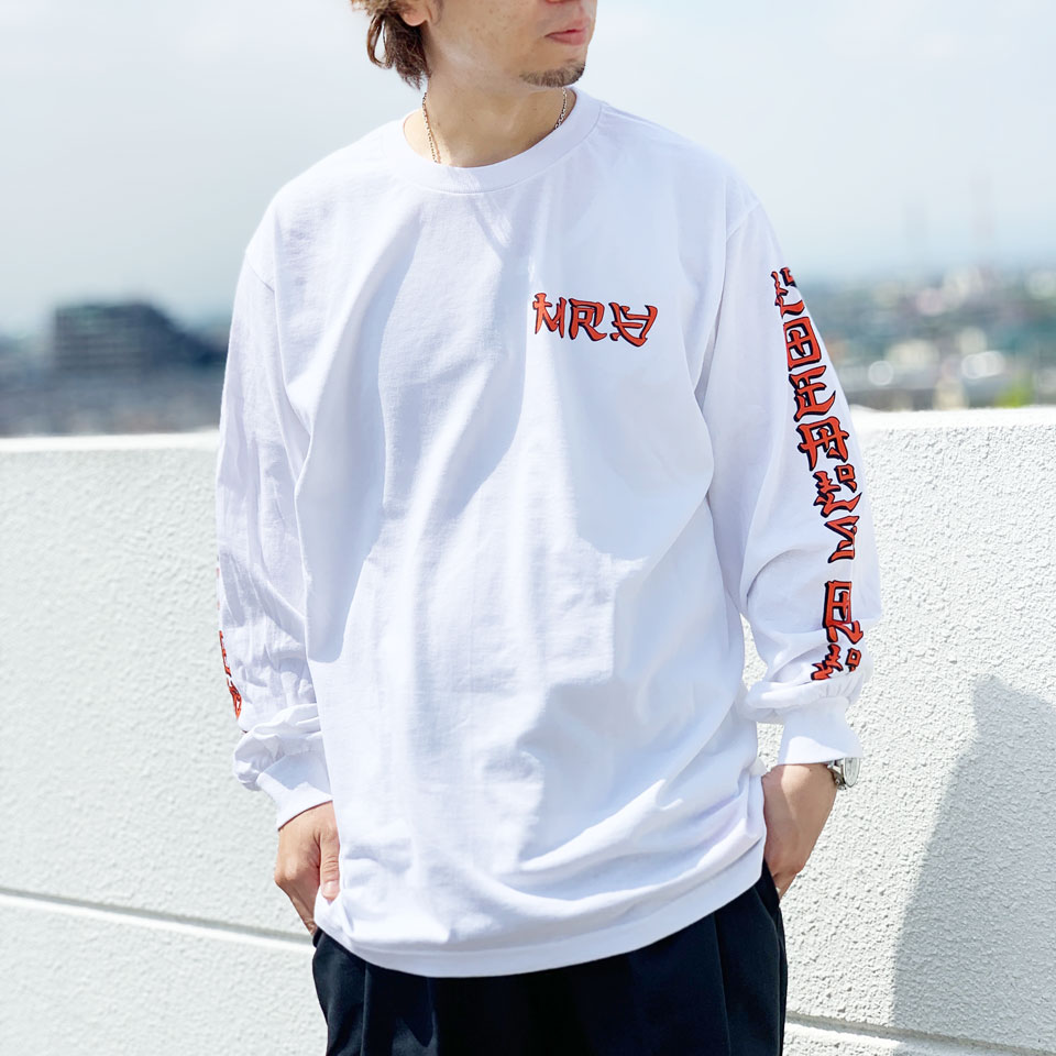 MRV by Mr.vibes ロンT Tシャツ LOCALS ONLY L/S Tee 長袖 オリジナル バックプリント 袖プリント ホワイト/オレンジ 白 WHITE