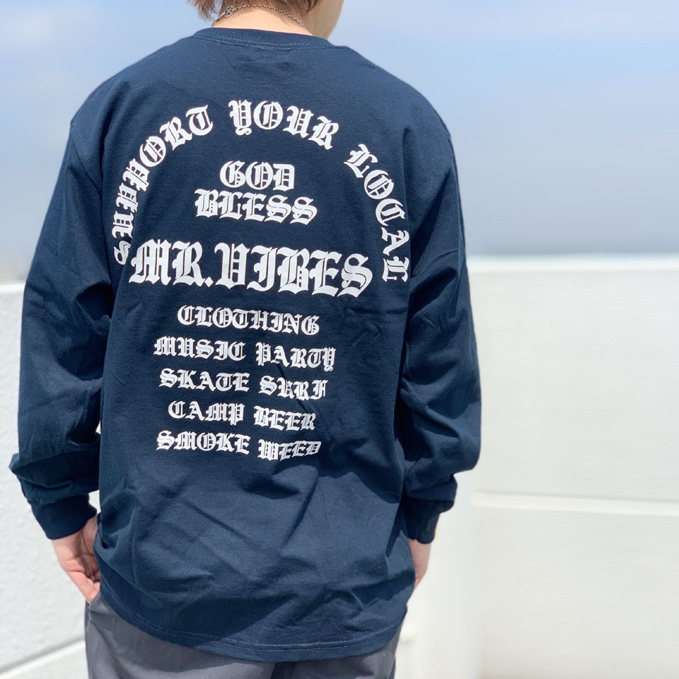 MRV by Mr.vibes ロンT Tシャツ GOD BLESS L/S Tee 長袖 オリジナル バックプリント  ネイビー/ホワイト 紺 NAVY