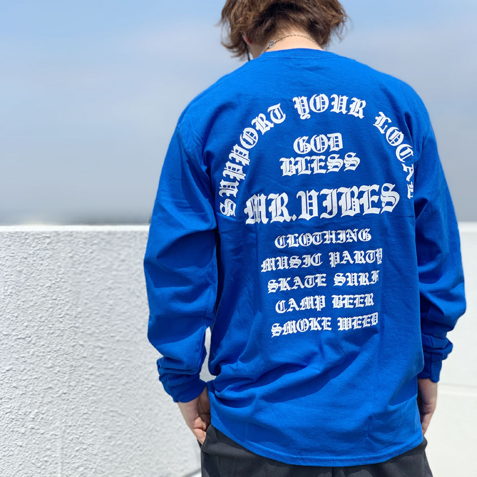 MRV by Mr.vibes ロンT Tシャツ GOD BLESS L/S Tee 長袖 オリジナル バックプリント  ロイヤルブルー/ホワイト ROYAL BLUE 青