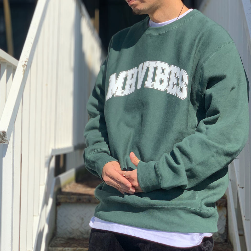 MRV by Mr.vibes クルースウェット MRVIBES COLLEGE CREWNECK SWEAT トレーナー オリジナル ミスターバイブス カレッジロゴ グリーン GREEN 緑
