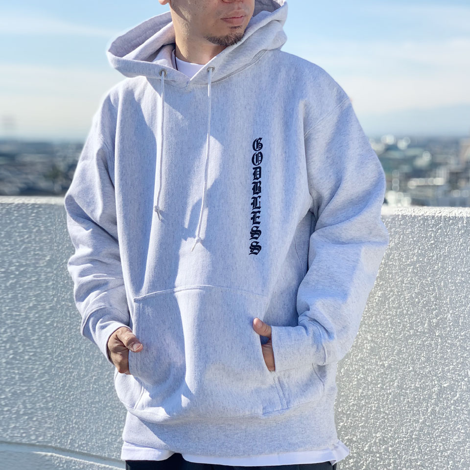 MRV by Mr.vibes パーカー フーディー GOD BLESS P/O HOODIE ヘビーウェイト バックプリント  スウェット オリジナル アッシュグレー ASH GREY 灰色