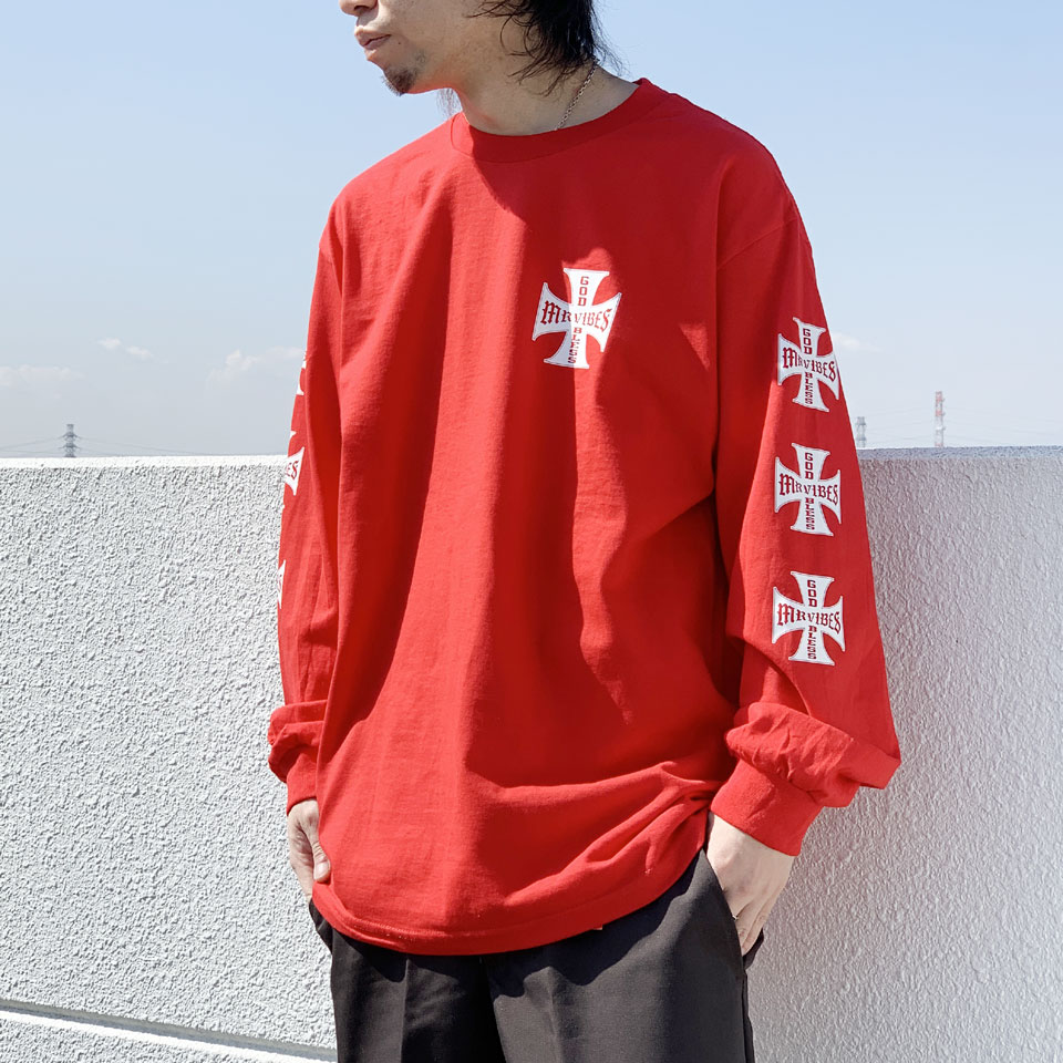 MRV by Mr.vibes ロンT Tシャツ IRON CROSS L/S Tee 長袖 オリジナル バックプリント 袖プリント レッド 赤 RED