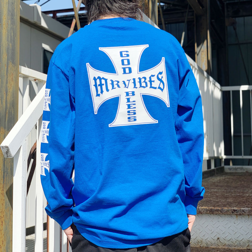 MRV by Mr.vibes ロンT Tシャツ IRON CROSS L/S Tee 長袖 オリジナル バックプリント 袖プリント ロイヤルブルー 青 BLUE
