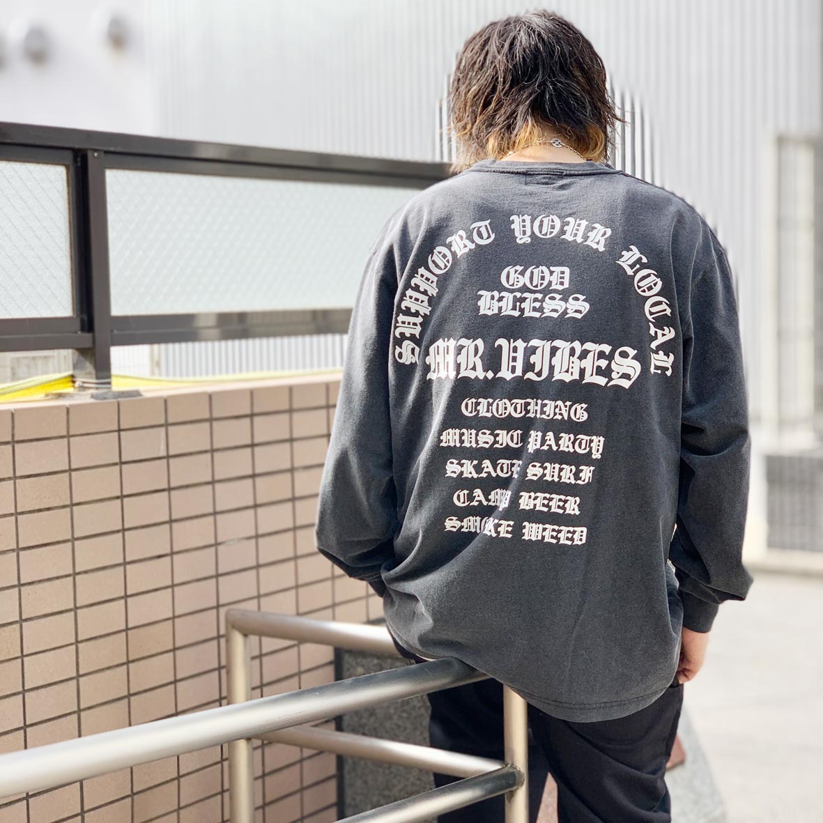 MRV by Mr.vibes ロンT Tシャツ GOD BLESS PIGMENT L/S Tee 長袖 ピグメント加工 オリジナル バックプリント ブラック BLACK 黒