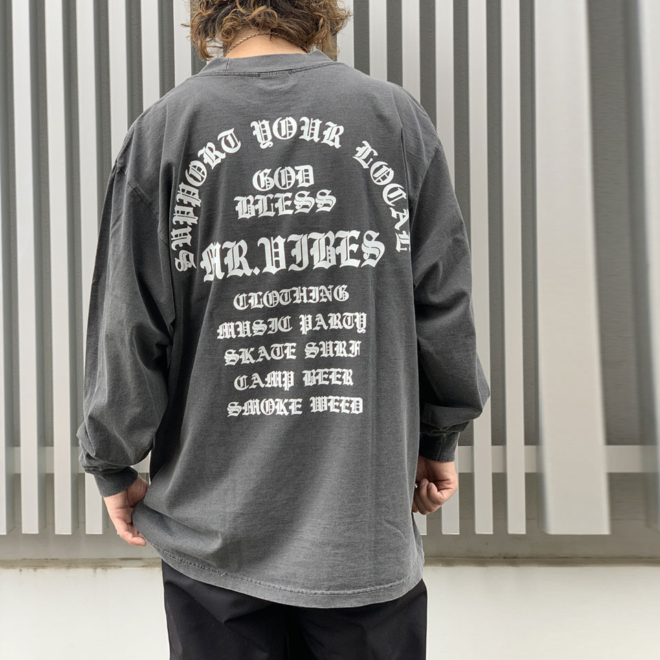MRV by Mr.vibes ロンT Tシャツ GOD BLESS WASHED L/S Tee 2024 長袖 オリジナル バックプリント ウォッシュ加工 ビンテージ加工 ピグメント ブラック 黒 BLACK
