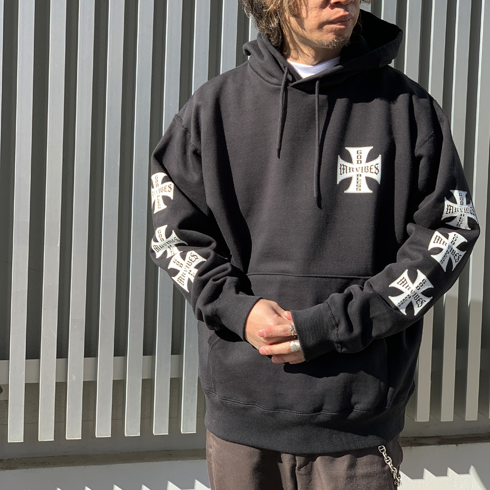 MRV by Mr.vibes パーカー フーディー IRON CROSS P/O HOODIE ヘビーウェイト バックプリント 袖プリント スウェット オリジナル ブラック 黒 BLACK