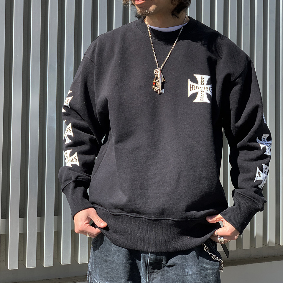 MRV by Mr.vibes 13.5oz クルースウェット IRON CROSS CREWNECK SWEAT トレーナー 裏パイル オリジナル ミスターバイブス ブラック 黒 BLACK