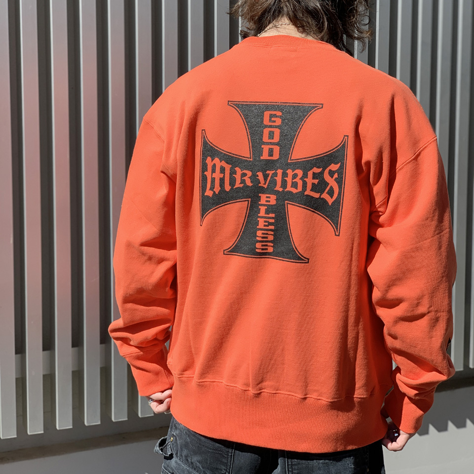 MRV by Mr.vibes 13.5oz クルースウェット IRON CROSS CREWNECK SWEAT トレーナー 裏パイル オリジナル ミスターバイブス オレンジ ORANGE
