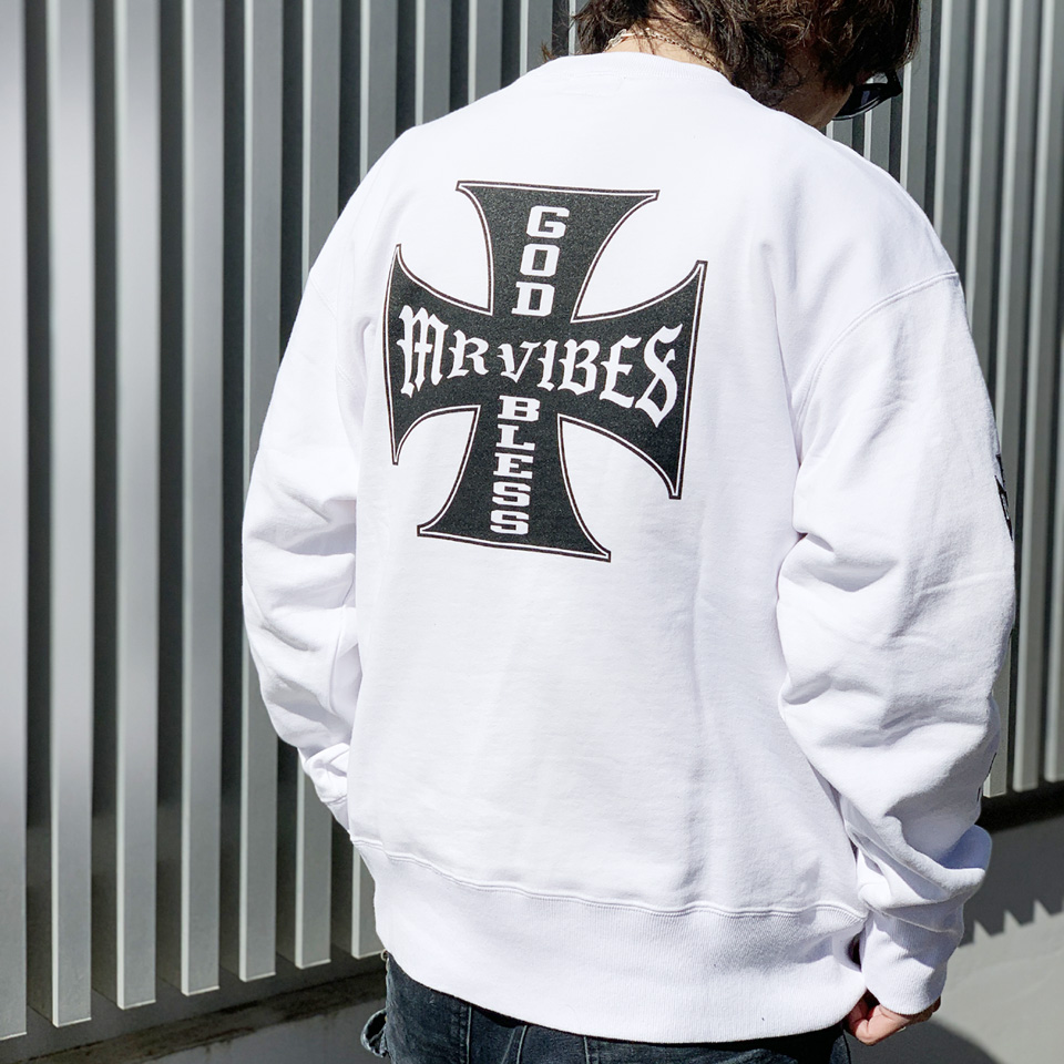 MRV by Mr.vibes 13.5oz クルースウェット IRON CROSS CREWNECK SWEAT トレーナー 裏パイル オリジナル ミスターバイブス ホワイト 白 WHITE