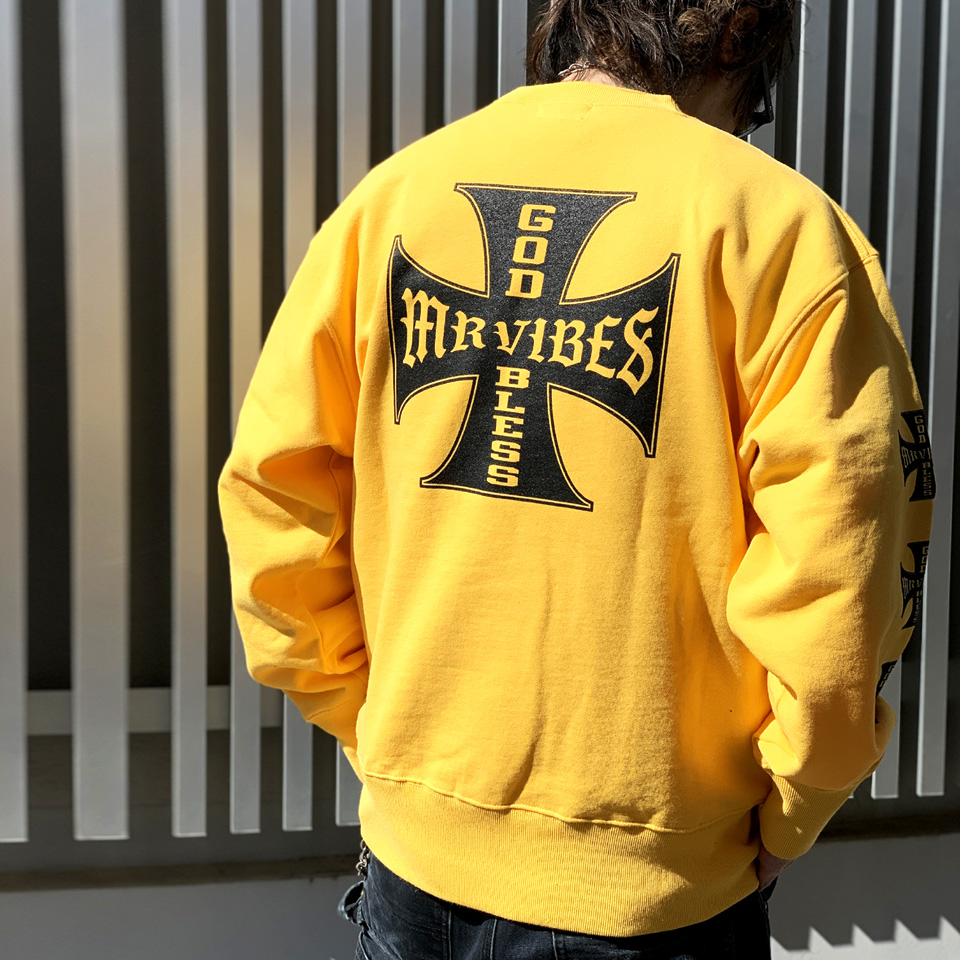 MRV by Mr.vibes 13.5oz クルースウェット IRON CROSS CREWNECK SWEAT トレーナー 裏パイル オリジナル ミスターバイブス イエロー 黄色 YELLOW