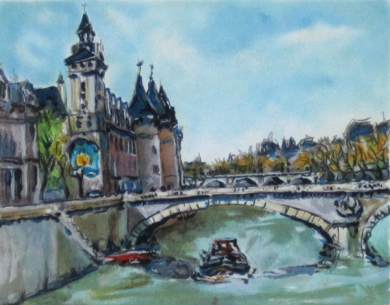 ヨーロッパ風景画・キャンビエ「ラ・セーヌ」リトグラフ・外寸494×454mm