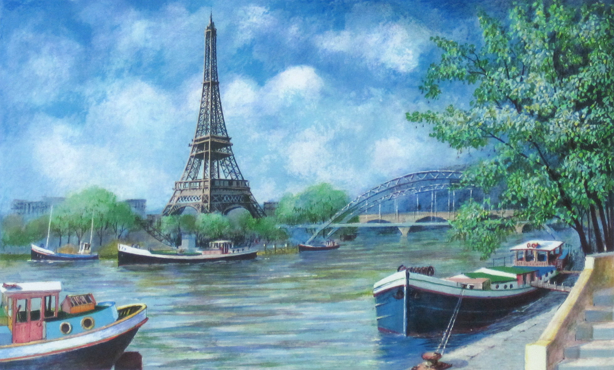 ヨーロッパ風景画・　ジェレミー　キング「エッフェル塔」リトグラフ・外寸510×590mm