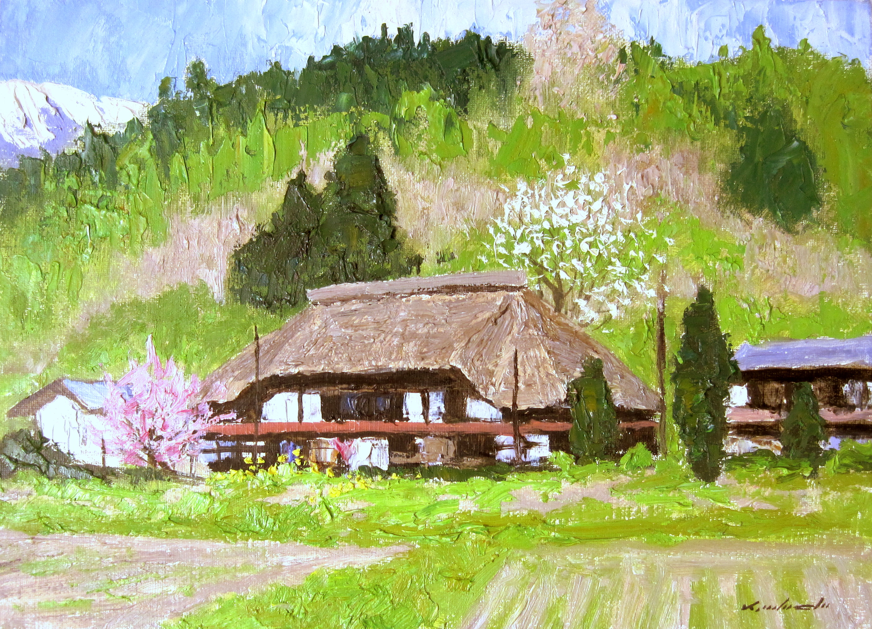 足立一夫「農家の陽春」油彩 Ｆ4・額寸555×463mm