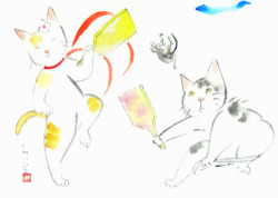 猫の絵・雨田光弘「たすけて」水彩・額寸・577×463mm・”猫の羽根つき”