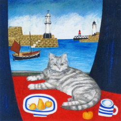 ブレンダ・キング「窓辺の猫」リトグラフ  外寸・450×450mm