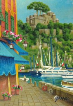 志村好子・イタリア風景画「ＰＯＲＴＦＩＮＯ」油彩ＳＭ・額寸341×410mm