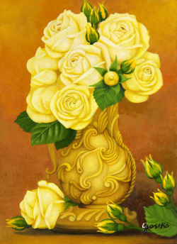 黄色い薔薇・絵・志村好子「薔薇(黄色のバラ）」Ｆ4・油彩・額寸435×535mm