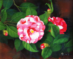 椿の絵・志村好子 「大乱」（赤・白椿）油彩・Ｆ3・額寸404×455mm
