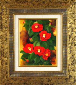 椿の絵・志村好子「椿」（赤）油彩・３Ｆ・額寸494×440mm”可憐な艶やかな椿”
