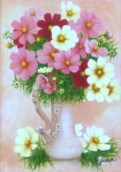 花の絵・志村好子　「花心」（ピンクのコスモス）　油彩　Ｆ４　外寸555×463mm