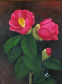 花の絵・志村好子　 「椿」（赤色）　油彩　Ｆ0　外寸332×292mm