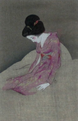 竹久夢二  「懊悩」  木版画　大正１５年 「露地のほそみち」 より  外寸・300×360mm